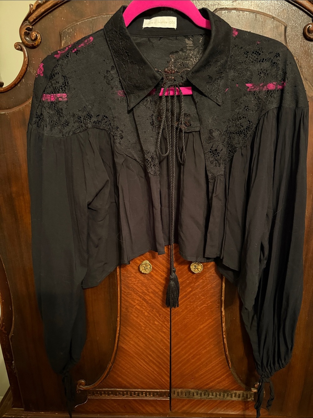 House of Harlow 1960 Black Lace Blouse with Pink Accents